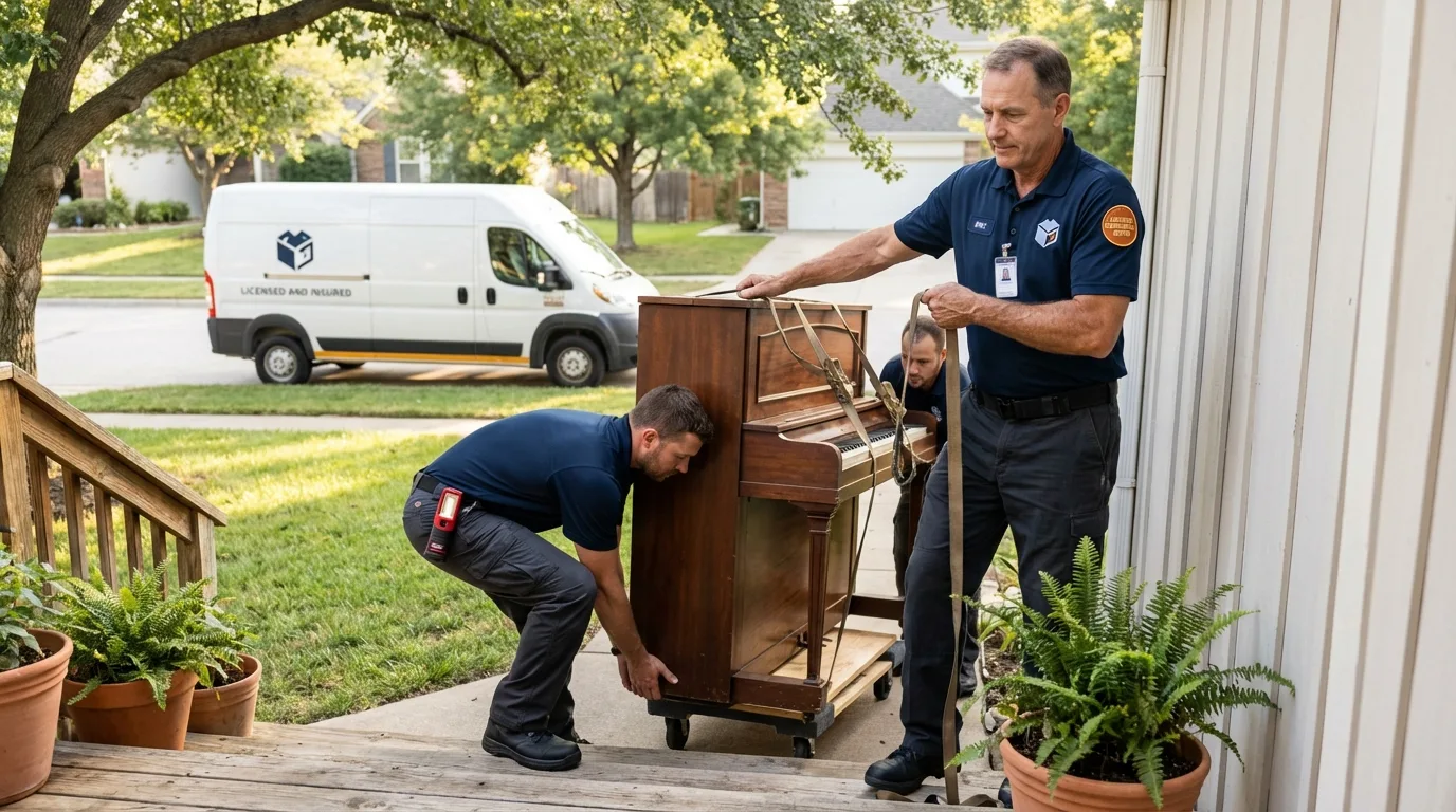 Licensed piano movers securing grand piano in Pomona, NY