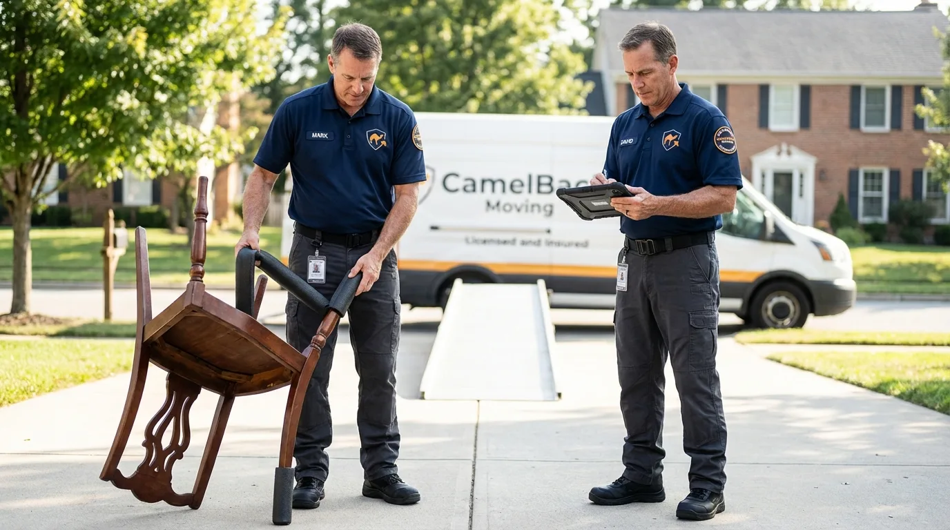 Movers inspecting furniture for damage prevention before loading in Pomona, NY