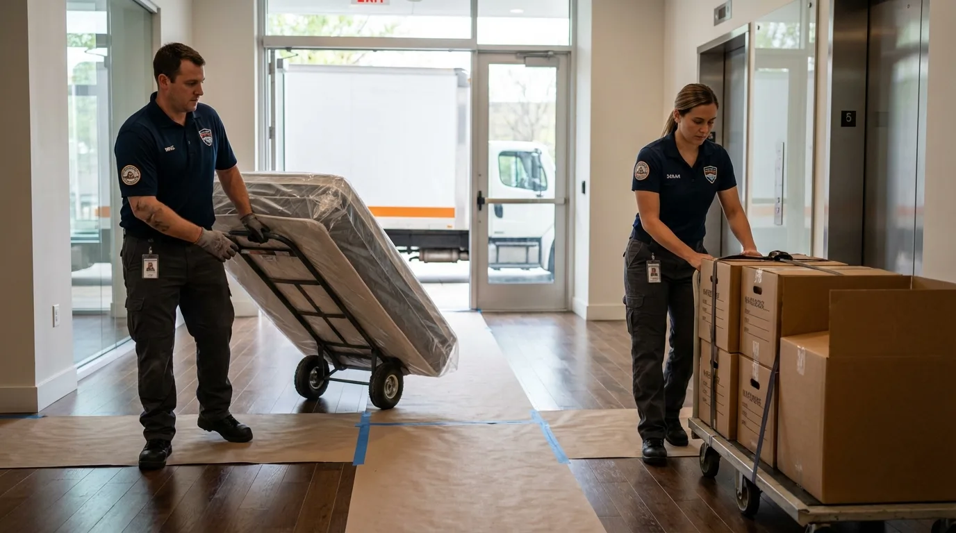 Professional apartment movers loading elevator in Pomona, NY