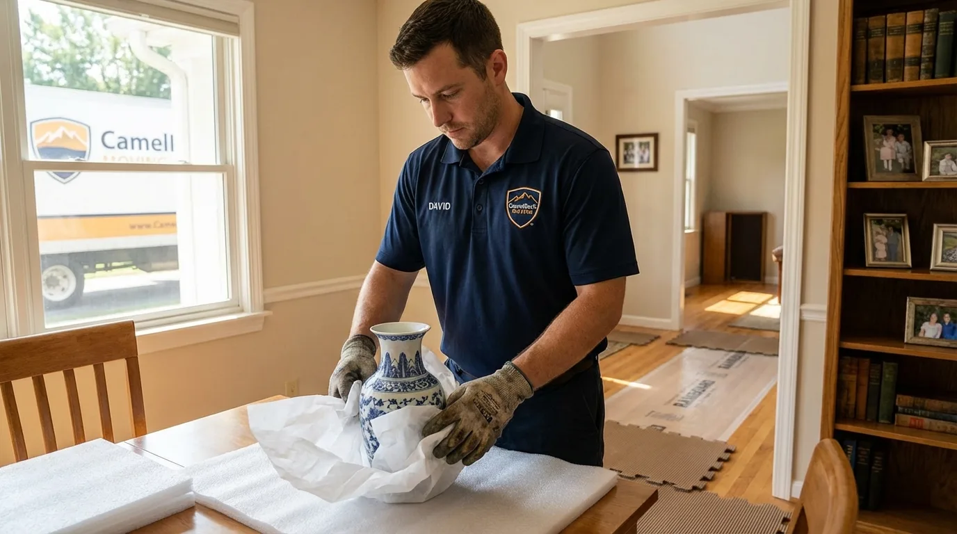 Professional crew carefully wrapping antique vase for senior downsizing move in Pomona, NY