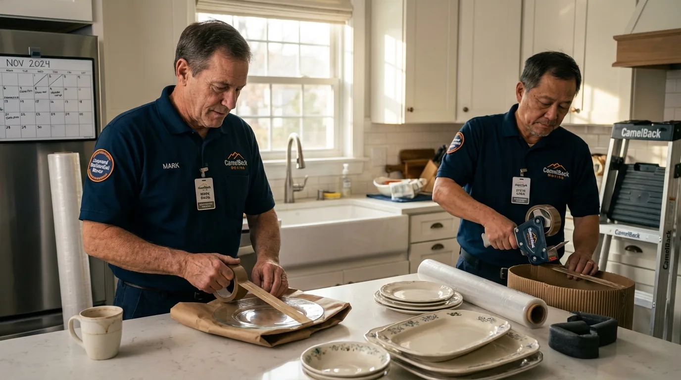 Professional crew packing kitchen dishware in Pomona, NY